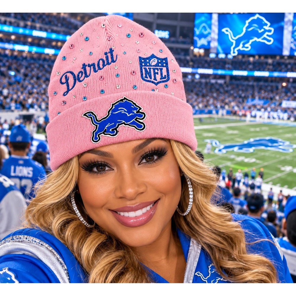 Detroit Lions NFL Pink Rhinestone Knit Beanie Hat Blue Logo Sparkle Detroit